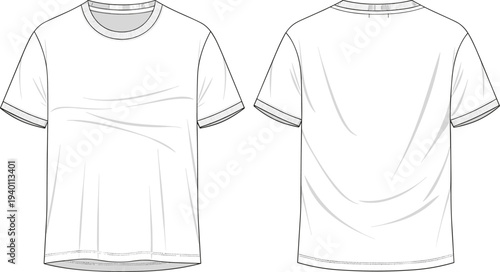 Technical fashion flat sketch of men's short sleeve crewneck t-shirt with ribbed neckband for apparel design development and manufacturing, CAD drawing flat vector illustration