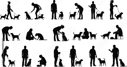 Black silhouette collection of people walking, training, and playing with dogs for pet care, veterinary services, and domestic animal companionship,
