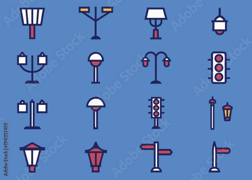 Sixteen navy blue and red icons depicting various street lighting fixtures and traffic signals are shown on a solid flat blue background.