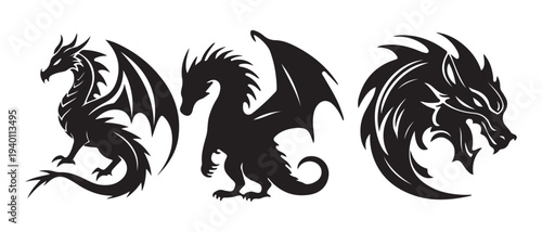 Mythological dragon mascot logo collection, black and white vector illustration of flying beasts.
