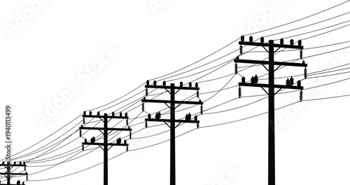 Black silhouette of multiple utility poles with complex electric power lines for energy infrastructure, telecommunications, and industrial power grid distribution,