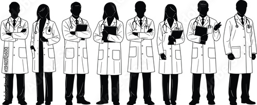Black silhouette group of professional doctors and nurses in lab coats with stethoscopes for healthcare team, medical clinic, and hospital,