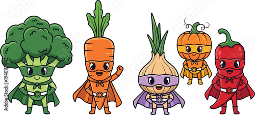 Cute Vegetable Superhero Characters Broccoli Carrot Onion Pumpkin and Chili Cartoon Vector Illustration Set