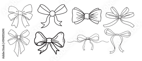 Cute doodle ribbon bows set. Sketchy decorative elements for gifts and invitations.