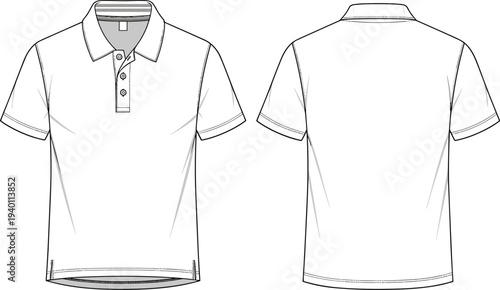 Technical fashion flat sketch of men's short sleeve polo shirt with collar and button placket for apparel design development, CAD drawing flat vector illustration