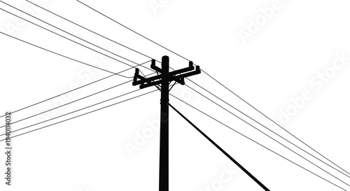 Black silhouette of utility pole with electric power lines and telecommunication cables against white background for energy and infrastructure concept,