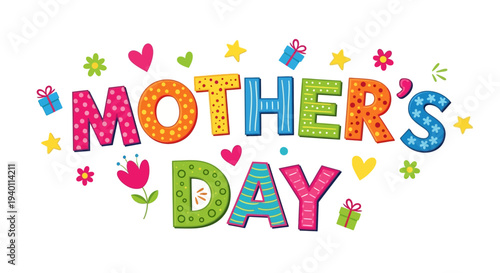 Vibrant Mother's Day illustration with colorful flowers and hearts surrounding festive typography