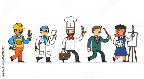 Diverse Professionals Engaged in Various Occupations Standing in a Row