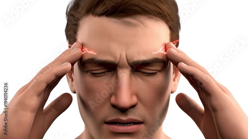 Man experiencing severe headache with fingers pressed against temples in a distressed state