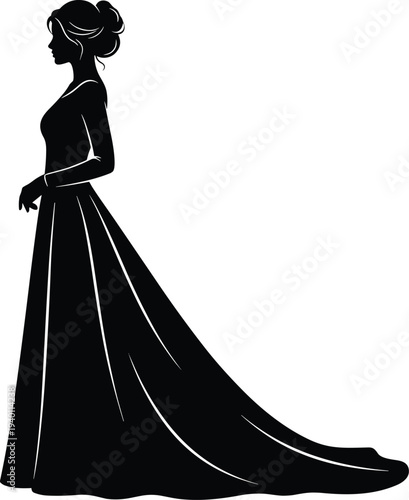 Elegant black silhouette of a beautiful woman in a long formal evening gown with a train for wedding and fashion design