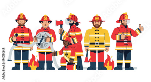 Firefighters in uniform standing together, holding equipment, and giving a thumbs up in a heroic pose