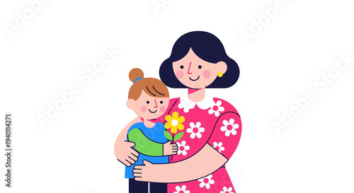 A woman holding a child and a flower in a tender moment together indoors with affection and care illustrated