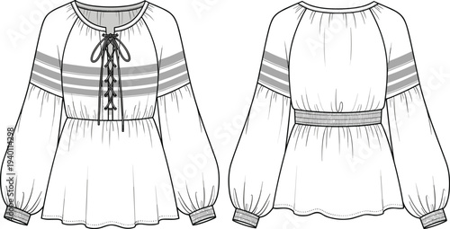 Technical fashion flat sketch of women's lace up peasant blouse with puff sleeves and elastic waist for apparel design development, CAD drawing flat vector illustration