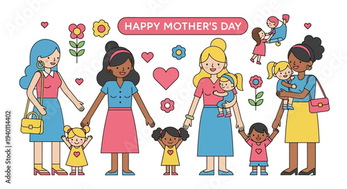 Illustration of diverse mothers with children celebrating Mother's Day together outdoors with flowers