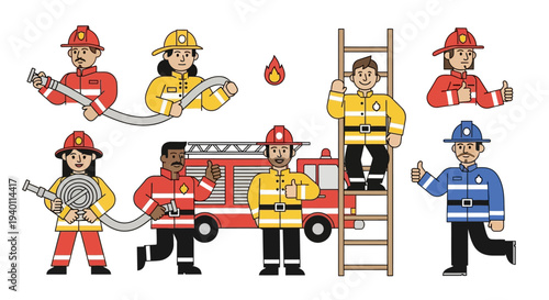 Firefighters in action, standing near fire truck, holding equipment, and climbing ladder, depicted in a flat design illustration style