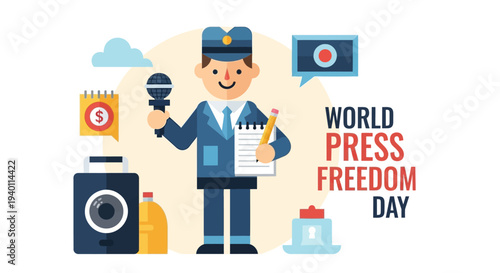 A cartoon journalist holding a microphone stands proudly with World Press Freedom Day symbols surrounding him
