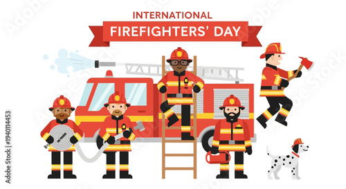 Firefighters Celebrating International Firefighters' Day with Fire Truck and Equipment in Vibrant Scene