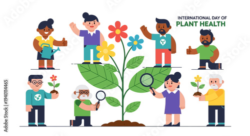 Diverse group of people celebrating International Day of Plant Health around a vibrant plant with colorful flowers