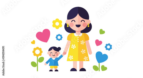 Mother and child holding hands surrounded by flowers and hearts in a joyful outdoor scene