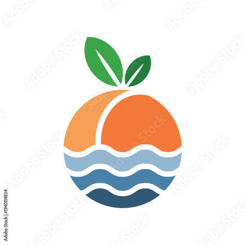 Stylized Orange Fruit with Green Leaves Icon