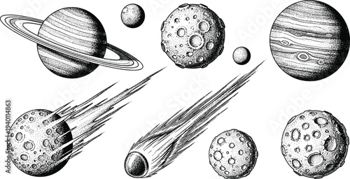 Hand Drawn Planets Asteroids and Comets Space Astronomy Illustration Vintage Vector Set