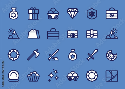 Twenty-four fantasy treasure and item icons such as diamonds and swords are organized in a grid over a solid blue colored surface.