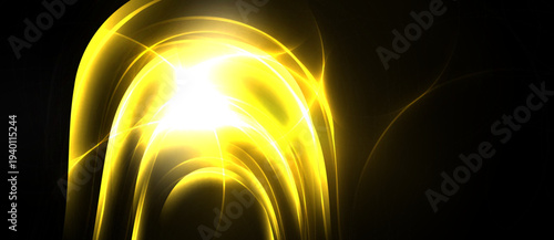 Bright golden light radiates from center. Curved lines create abstract form against black background. Energetic, dynamic visual effect.