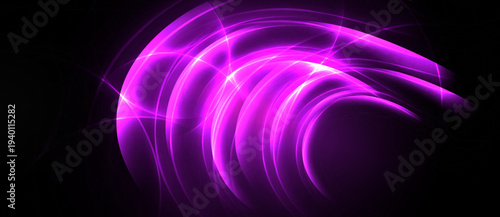 Bright purple energy swirls, radiating light. Abstract design evokes motion, futuristic feel. Dark background emphasizes vibrant curves.