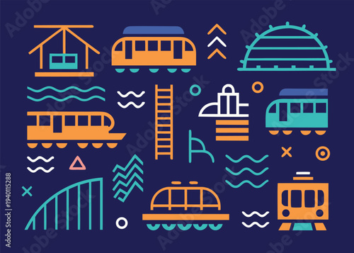 A dense collection of railway transportation icons featuring train cars, ladders, and track symbols in shades of orange, teal, and light blue on a dark navy background.