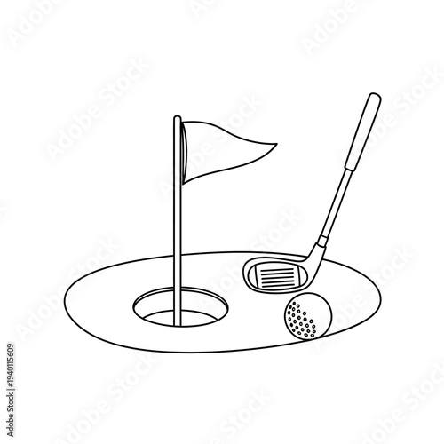 Golf Course Hole with Flag and Golf Club on Green Landscape