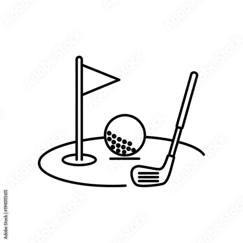 Golf Course Illustration with Flag, Ball, and Golf Club on Fairway