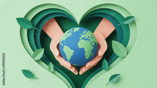 Hands holding earth globe in heart shaped green leaves symbolizing love and care for the environment and sustainability