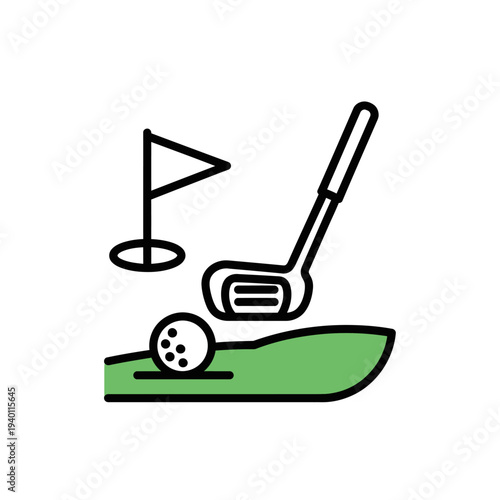 Golf Course Scene with Flag, Golf Ball, and Golf Club on Green Fairway