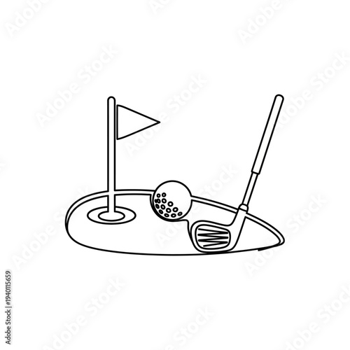 Golf Course Scene with Flag, Ball, and Golf Club Illustration