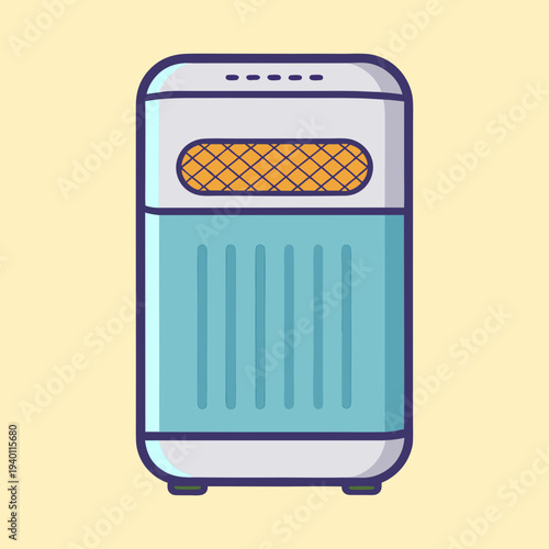 Cartoon image of a light blue and white air purifier appliance
