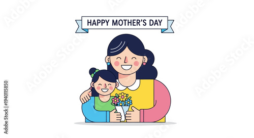 Heartwarming Mother's Day celebration with mother and child holding flowers together, a tender moment captured in a simple yet vibrant illustration