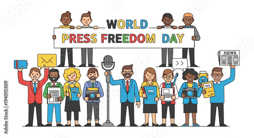 Diverse group of people celebrating World Press Freedom Day with banners and newspapers