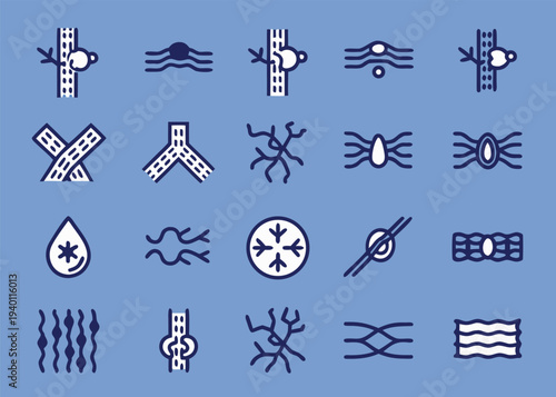 A grid of twenty dark blue and white icons illustrating various vascular structures and conditions on a uniform light blue background.