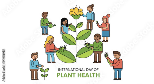 Diverse group of people nurturing a large plant together on International Day of Plant Health