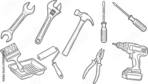 Repair and construction tools set featuring a hammer wrenches screwdrivers pliers electric drill and painting supplies hand drawn sketch.