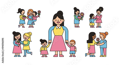Collection of diverse mothers with children in various interactions and tender moments shown from a straightforward view