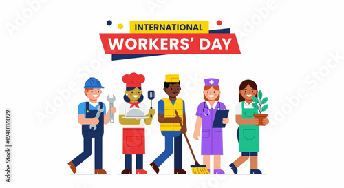 Diverse workers celebrating International Workers' Day with various occupations and tools in a vibrant illustration style
