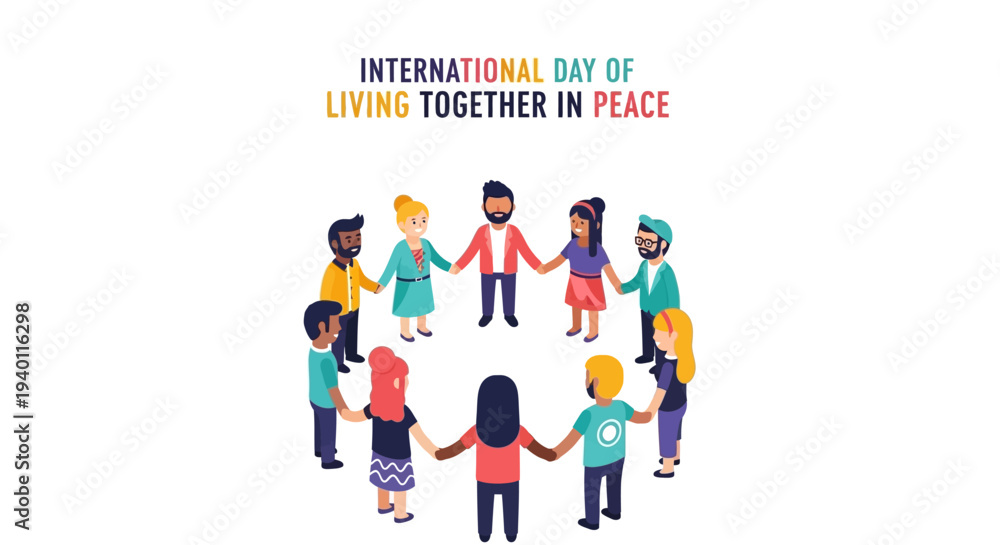 Obraz premium Diverse group of people holding hands in a circle promoting unity and harmony on International Day of Living Together in Peace