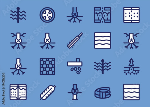 A grid of twenty dark blue and white icons depicting skin layers thermometers and vascular valves displayed on a uniform light blue background.