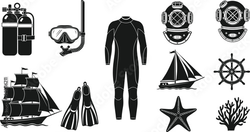 Scuba Diving Equipment and Nautical Sea Adventure Icons Set Diving Suit Mask Fins Ship Wheel Vector Illustration