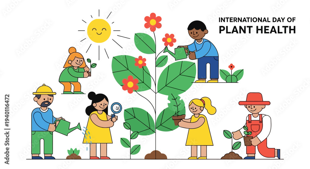 Fototapeta premium People from diverse backgrounds working together to nurture a large plant on International Day of Plant Health