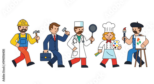 Diverse Professionals in Action, Showcasing Various Occupations and Skills in a Single Frame