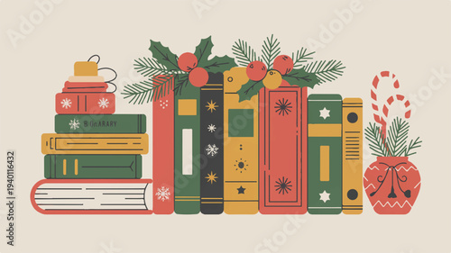 Colorful bookshelf with holiday decorations and books in red green yellow on beige background