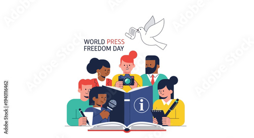 Diverse group of people reading together on World Press Freedom Day illustration