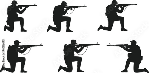 Black soldier silhouette vector illustration, kneeling rifle aim posture, military combat training design, tactical armed forces artwork, war soldier outline, defense concept